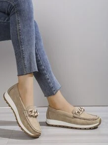 Chain Decor Slip On Shoes - Khaki - View 5