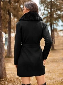 SHEIN LUNE Fuzzy Panel Belted Overcoat Fall Winter Cloth For Women - Black - View 2