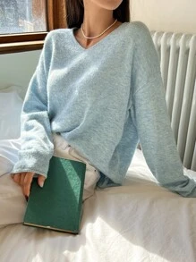 DAZY Solid V-neck Drop Shoulder Jumper - Baby Blue - View 1