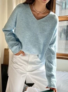 DAZY Solid V-neck Drop Shoulder Jumper - Baby Blue - View 3