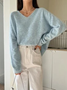 DAZY Solid V-neck Drop Shoulder Jumper - Baby Blue - View 5