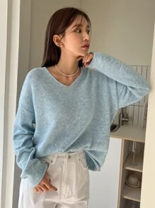 DAZY Solid V-neck Drop Shoulder Jumper - Baby Blue - View 6