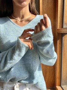 DAZY Solid V-neck Drop Shoulder Jumper - Baby Blue - View 7