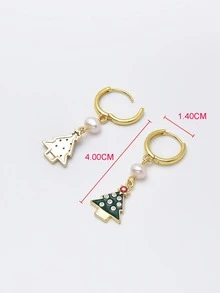 1 Pair 18K Gold Plated Natural Pearl Christmas Tree Earrings For Women - Green - View 3