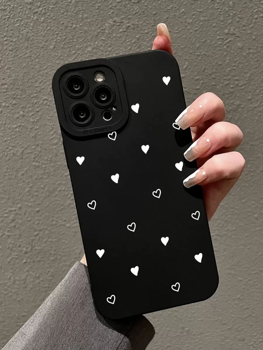 Heart Print Phone Case - Black - View 1