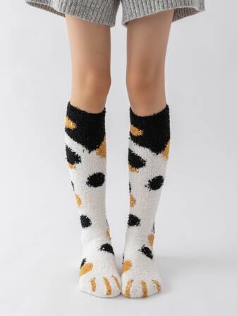 Paw Pattern Over The Calf Fluffy Socks, Cozy