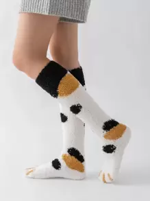 爪印图案过膝毛绒袜，舒适保暖 - 彩色 - 查看 2