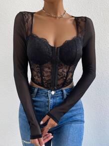 SHEIN Allurite Asymmetrical Hem Crop Bustier Lace Top Fall Cloth For Women - Black - View 3