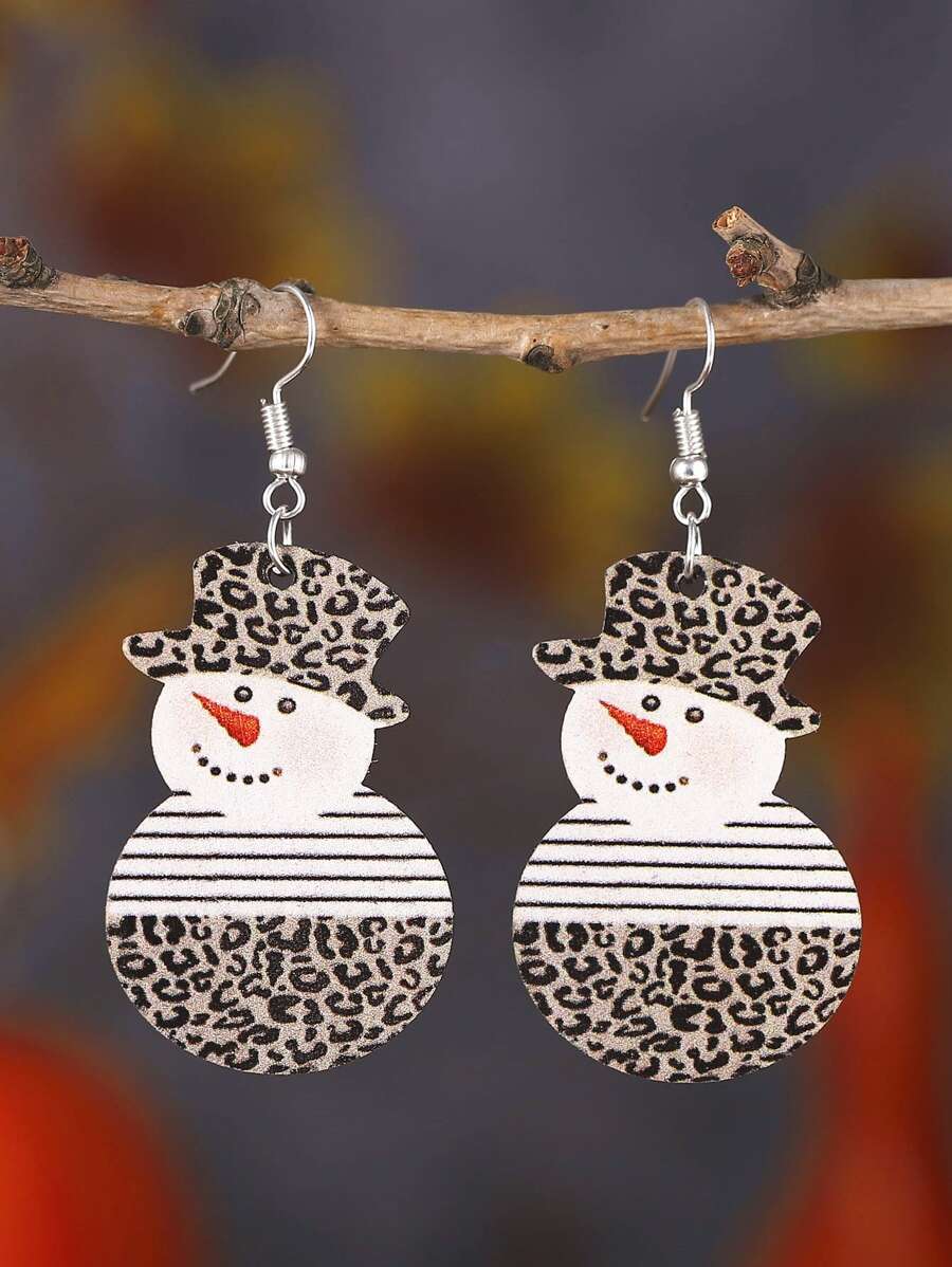 Leopard Pattern Snowman Decor Drop Earrings