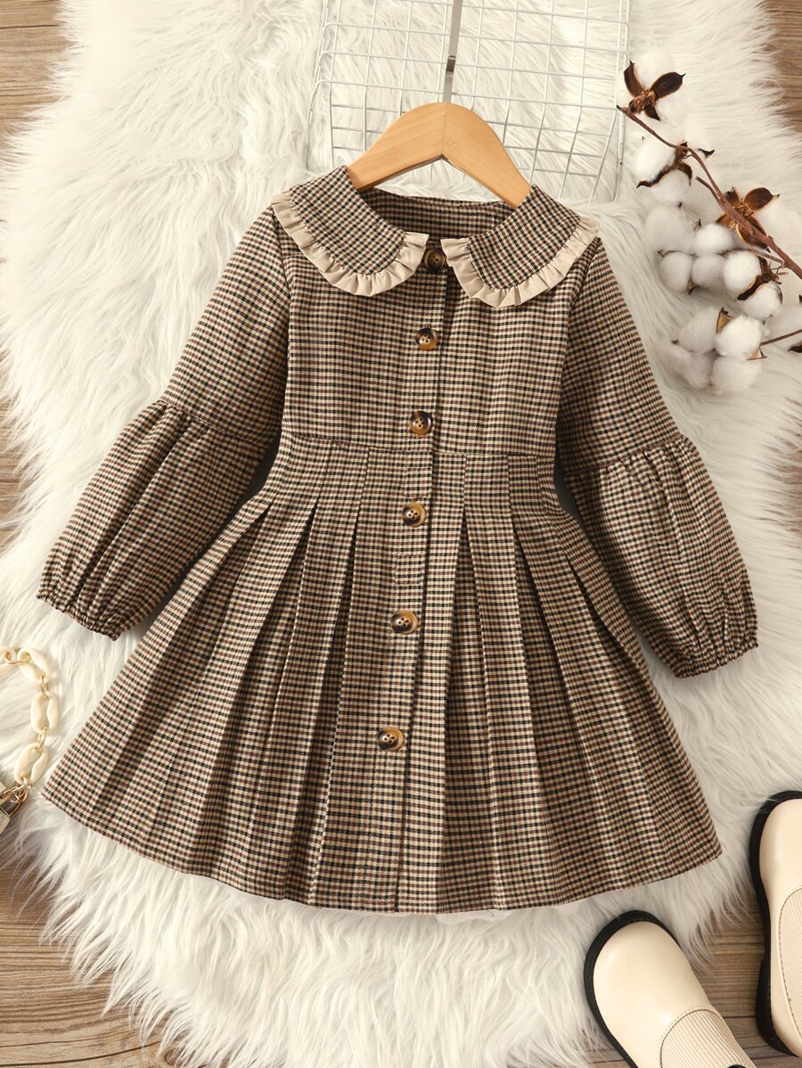 少女格紋印花彼得潘領褶皺摺邊裙