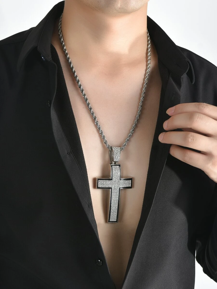 Hombres Collar con colgante con diamante de imitación cruzado - Plateado - Ver 1