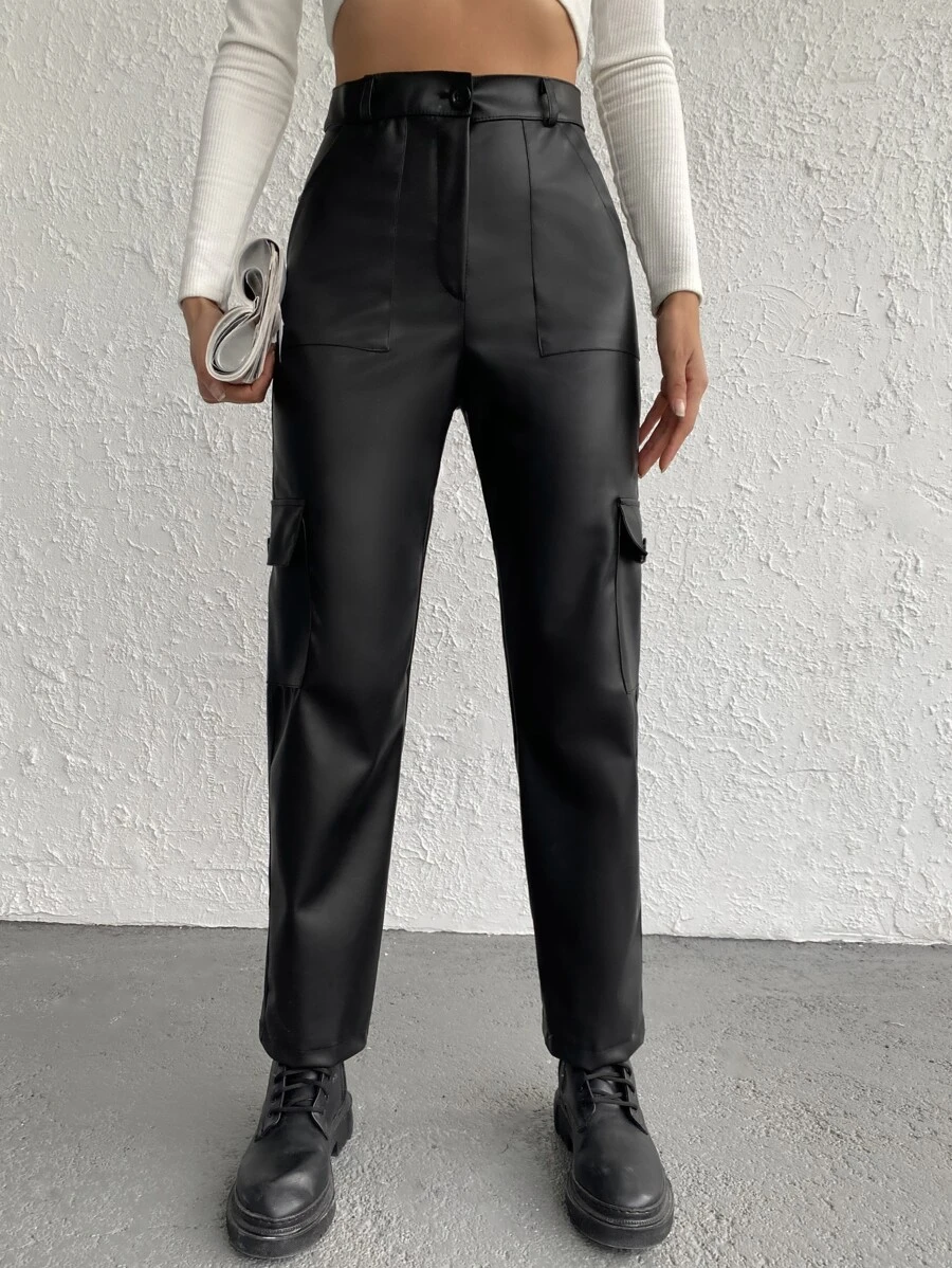 EURMUSE High Waist Flap Pocket PU Pants - Black - View 1