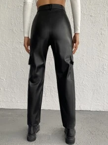 EURMUSE High Waist Flap Pocket PU Pants - Black - View 2