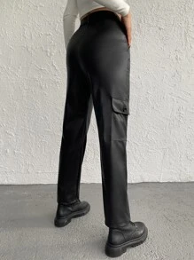 EURMUSE High Waist Flap Pocket PU Pants - Black - View 5
