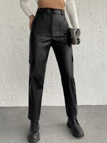 EURMUSE High Waist Flap Pocket PU Pants - Black - View 6