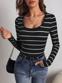 SHEIN Essnce 條紋圖案大圓領連身背心 - 黑色 - 查看 1