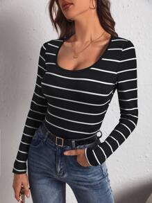 SHEIN Essnce 條紋圖案大圓領連身背心 - 黑色 - 查看 5