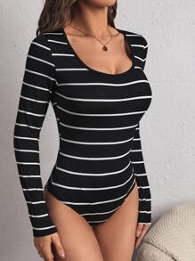 SHEIN Essnce 條紋圖案大圓領連身背心 - 黑色 - 查看 6