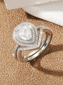 2pcs Couple Cubic Zirconia Decor Ring For Women For Party Banquet Wedding - Silver - View 1