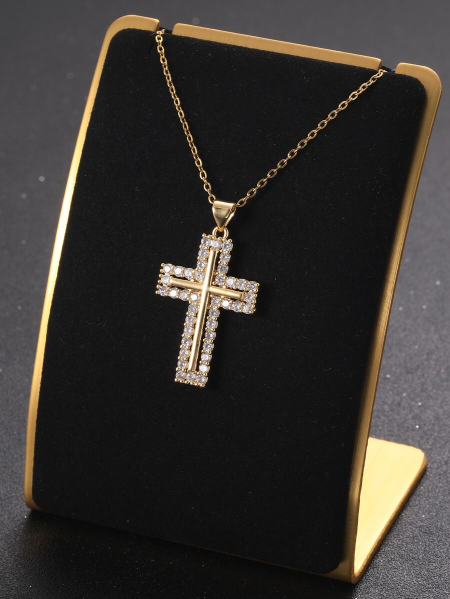 時尚流行1入組男士水鑽十字架吊墜項鍊，不銹鋼首飾，適合珠寶禮物和時尚外觀 - 金黃色 - 查看 1