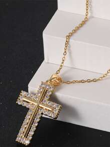 時尚流行1入組男士水鑽十字架吊墜項鍊，不銹鋼首飾，適合珠寶禮物和時尚外觀 - 金黃色 - 查看 2