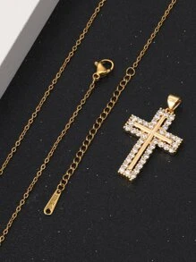 時尚流行1入組男士水鑽十字架吊墜項鍊，不銹鋼首飾，適合珠寶禮物和時尚外觀 - 金黃色 - 查看 4