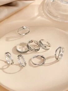 8入組鏤空開口戒指 - 復古銀色 - 查看 2