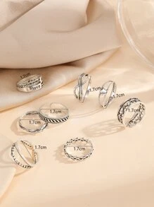 8入組鏤空開口戒指 - 復古銀色 - 查看 3