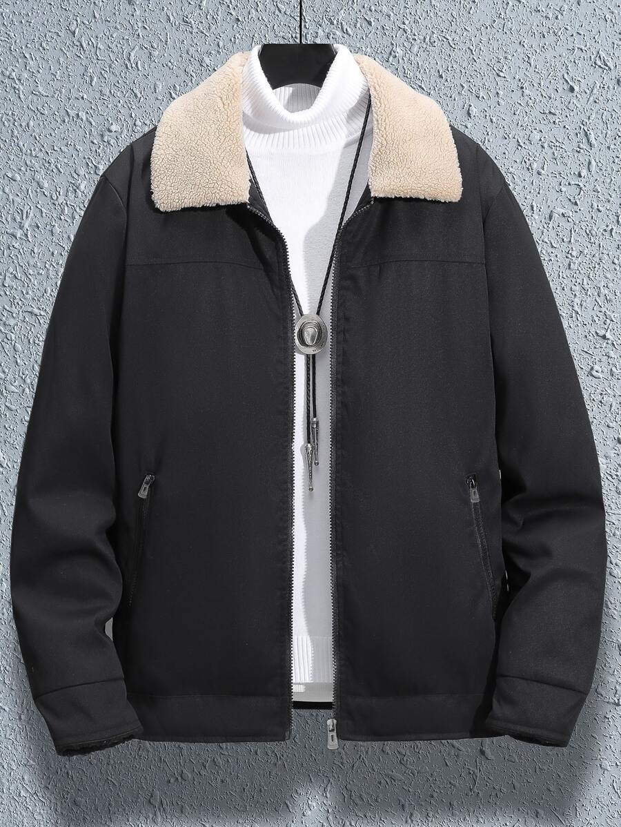 Manfinity 1 chiếc áo khoác đệm có cổ có khóa kéo vừa vặn cho nam giới Borg - màu đen - Xem 1