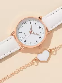 1入組女士手錶PU皮革錶帶圓形指針石英手錶和1入組愛心手鐲套裝 - 白色 - 查看 3