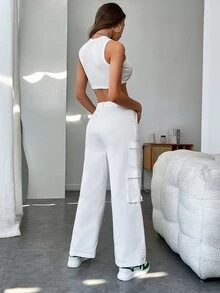 SHEIN Solid Crop Tank Top & Wide Leg Trousers - White - View 2