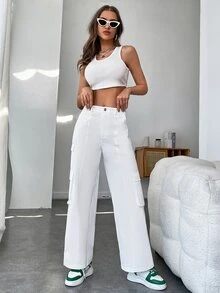 SHEIN Solid Crop Tank Top & Wide Leg Trousers - White - View 4
