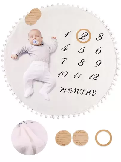 SHEIN Newborn Baby Boy Photography Number And Letter Graphic Blanket With 2pcs Accessory