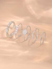 5入組圓形和人造珍珠裝飾戒指 - 銀色 - 查看 2