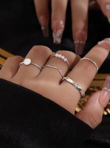 5入組圓形和人造珍珠裝飾戒指 - 銀色 - 查看 4