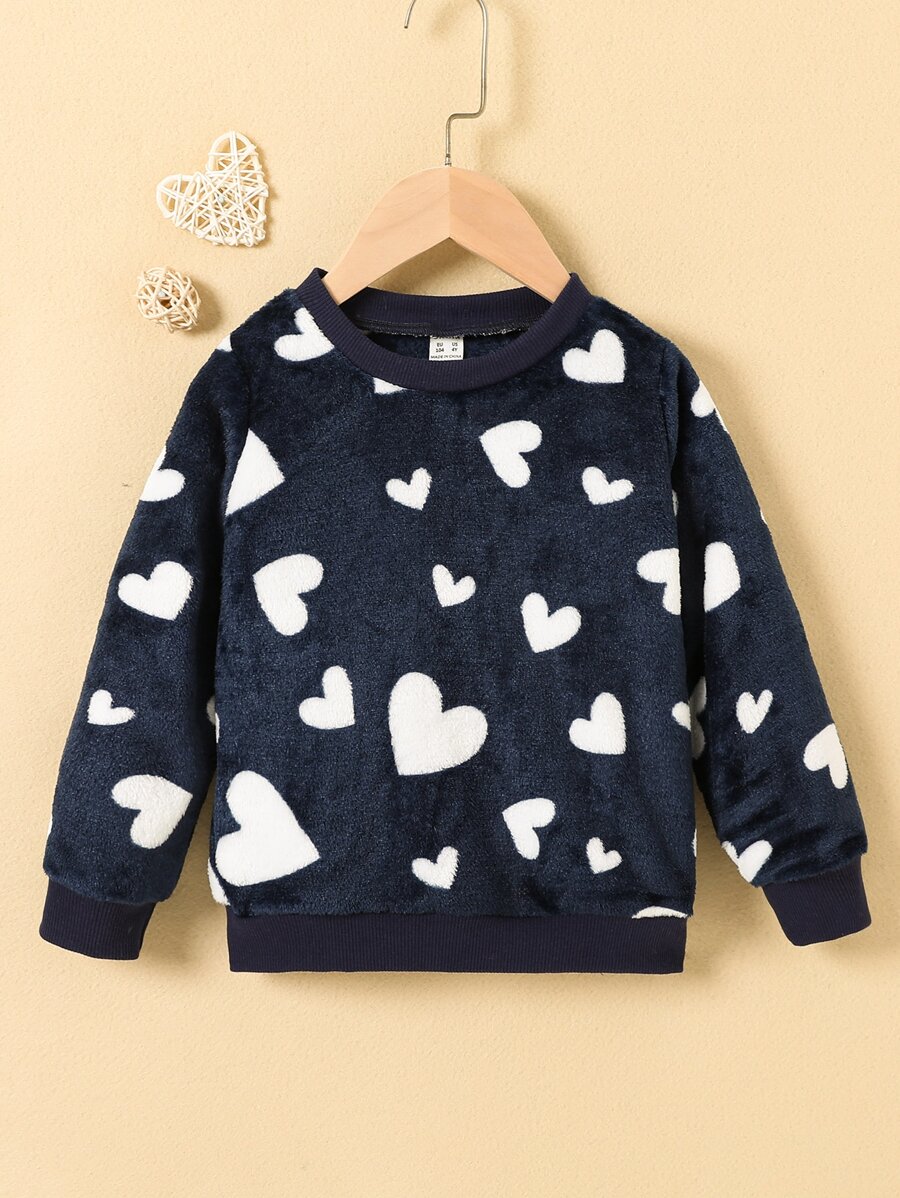 SHEIN Toddler Girls Heart Pattern Flannel Sweatshirt - Navy Blue - View 1