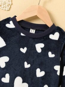 SHEIN Toddler Girls Heart Pattern Flannel Sweatshirt - Navy Blue - View 4