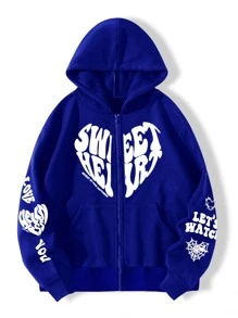 SHEIN Unity 字母和心形圖案拉鏈開襟保暖連帽衫 - 寶藍色 - 查看 1