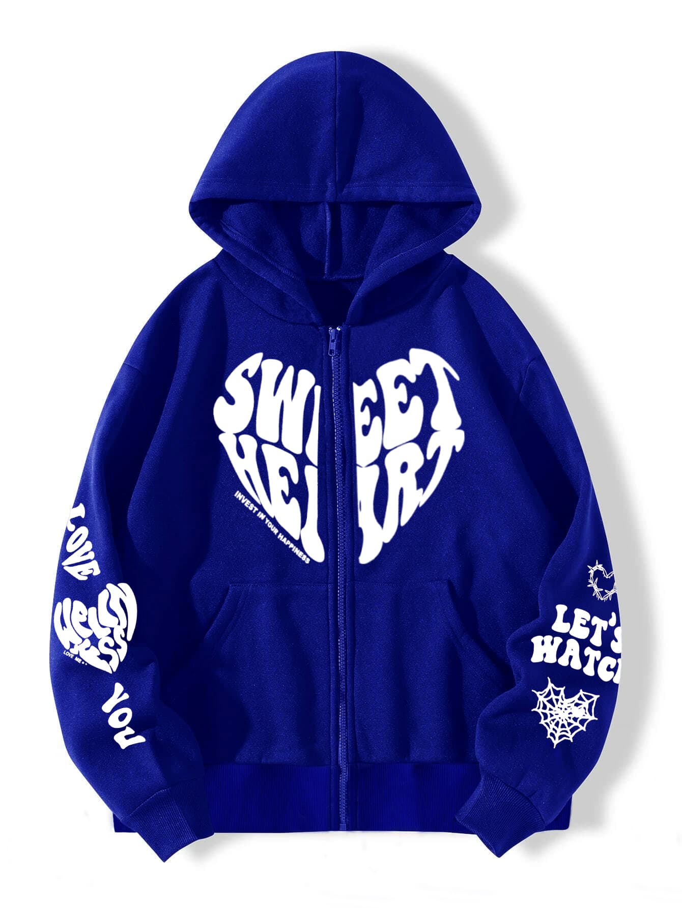 SHEIN Unity 字母和心形圖案拉鏈開襟保暖連帽衫 - 寶藍色 - 查看 1