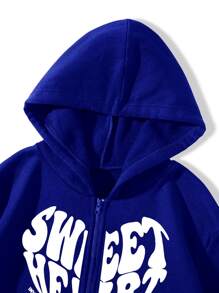 SHEIN Unity 字母和心形圖案拉鏈開襟保暖連帽衫 - 寶藍色 - 查看 3