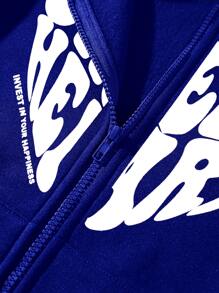 SHEIN Unity 字母和心形圖案拉鏈開襟保暖連帽衫 - 寶藍色 - 查看 4