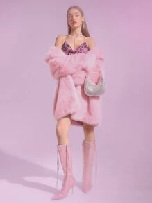 SHEIN ICON Abrigo de cuello notched de peluche - Rosa Pálido - Ver 6
