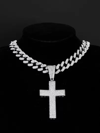 For Women Men Punk Hip Hop Style Rock Party Full Rhinestone Gorgeous Cross Pendant Necklace Alloy Material For Party