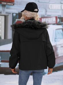 SHEIN LUNE Flap Pocket Thermal Lined Fuzzy Trim Hooded Padded Padded Coat,Ladies Winter Clothes Casual Button,Contrast Fluffy,Zipper Drop Shoulder Hooded Regular Fit Black Plain Women Winter Clothes Coats,Winter Clothes Warmth/ Winter Clothes Fashion