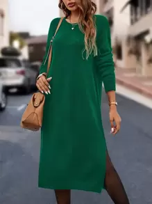 SHEIN LUNE Drop Shoulder Slit Hem Jumper Dress Without Belt - Dark Green - View 1