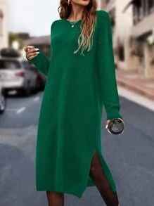 SHEIN LUNE Drop Shoulder Slit Hem Jumper Dress Without Belt - Dark Green - View 3