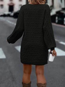 SHEIN LUNE Batwing Sleeve Cable Knit Jumper Dress Without Belt - Black - View 2