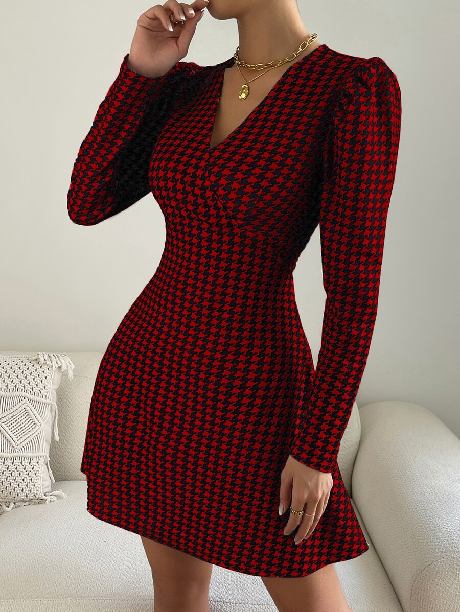 SHEIN Clasi Houndstooth Print Surplice Neck Dress