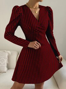 SHEIN Clasi Houndstooth Print Surplice Neck Dress
