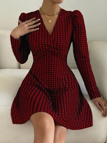 SHEIN Clasi Houndstooth Print Surplice Neck Dress